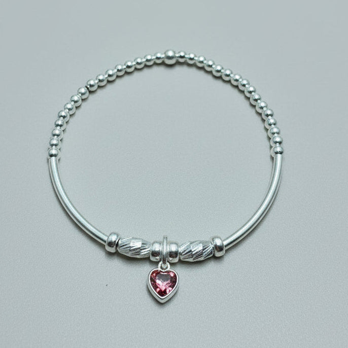 Heart Swarovski Crystal Birthstone Charm 925 Sterling Silver Bar Beaded Bracelet