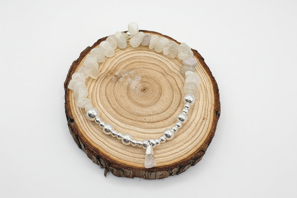 Moonstone Chip Crystal Bracelet with Raw Moonstone Crystal Charm - 925 Sterling Silver