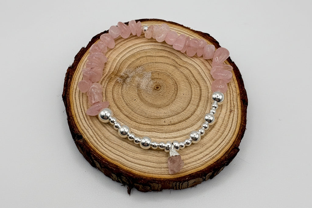 Rose Quartz Chip Crystal Bracelet with Raw Rose Quartz Crystal Charm - 925 Sterling Silver