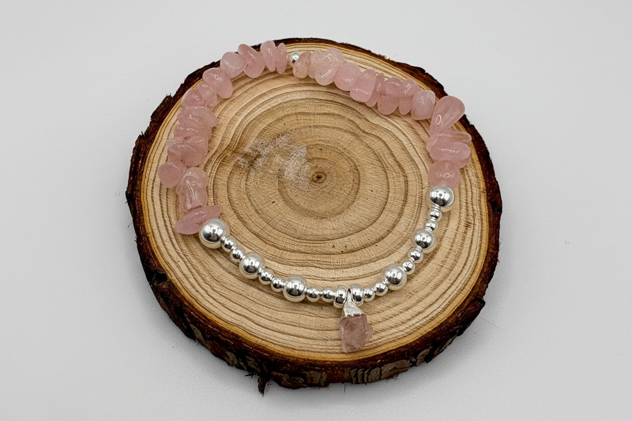 Rose Quartz Chip Crystal Bracelet with Raw Rose Quartz Crystal Charm - 925 Sterling Silver