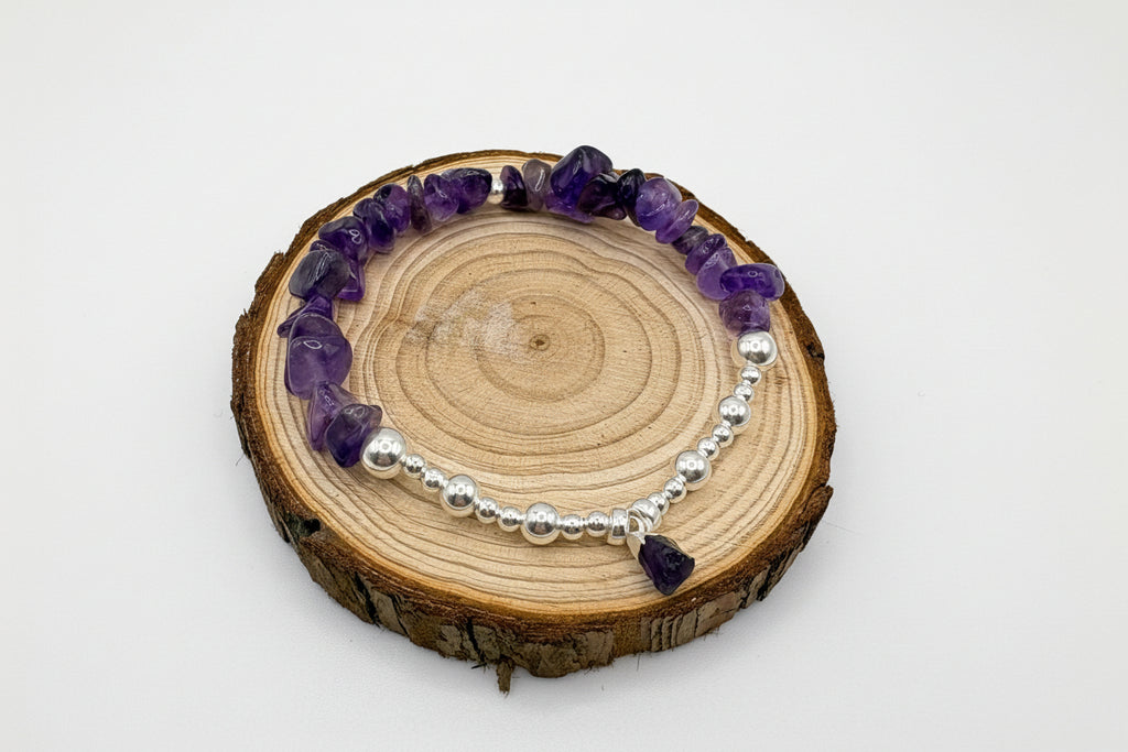 Amethyst Chip Crystal Bracelet with Raw Amethyst Crystal Charm - 925 Sterling Silver