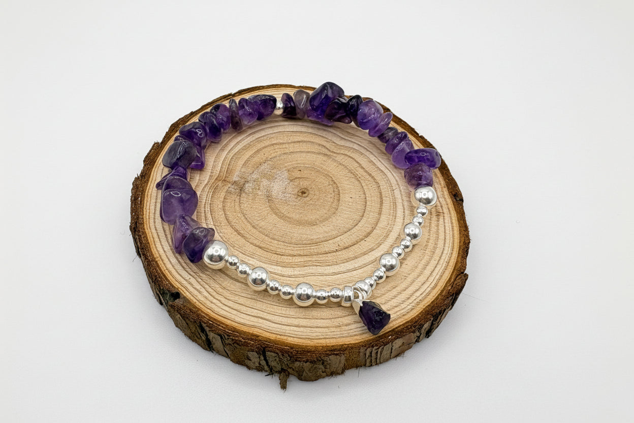 Amethyst Chip Crystal Bracelet with Raw Amethyst Crystal Charm - 925 Sterling Silver