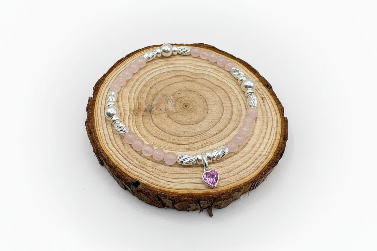 Rose Quartz Bracelet with Swarovski® Heart Charm - 925 Sterling Silver