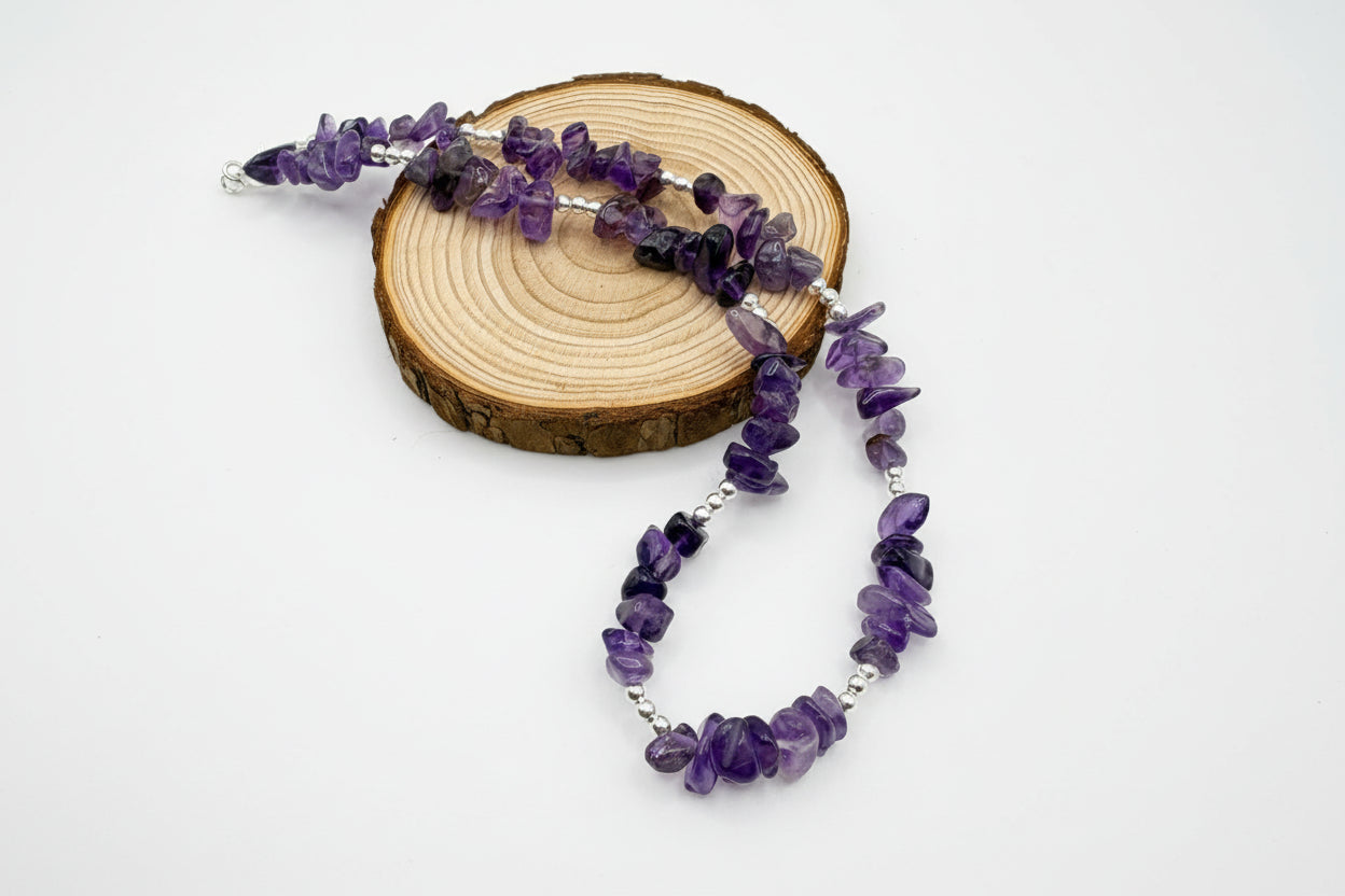 Amethyst Chip Crystal Choker - 925 Sterling Silver Beads