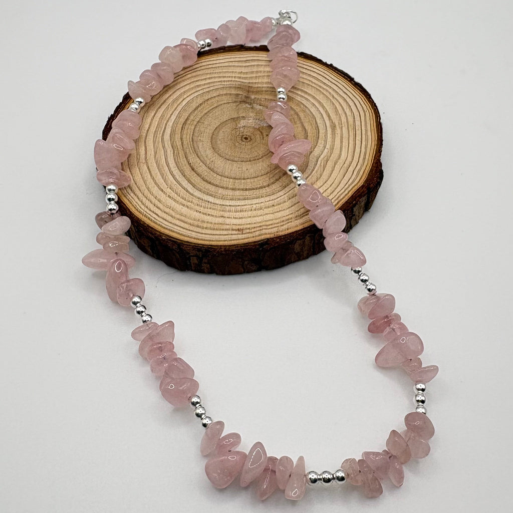 Rose Quartz Chip Crystal Choker - 925 Sterling Silver Beads