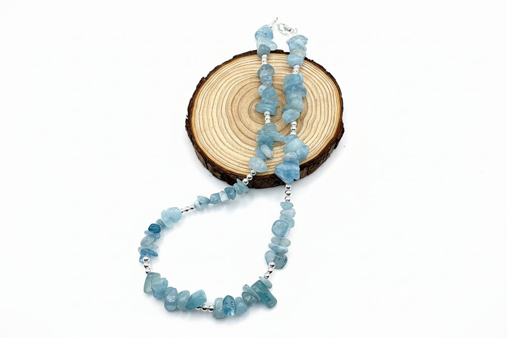 Aquamarine Chip Crystal Choker - 925 Sterling Silver Beads