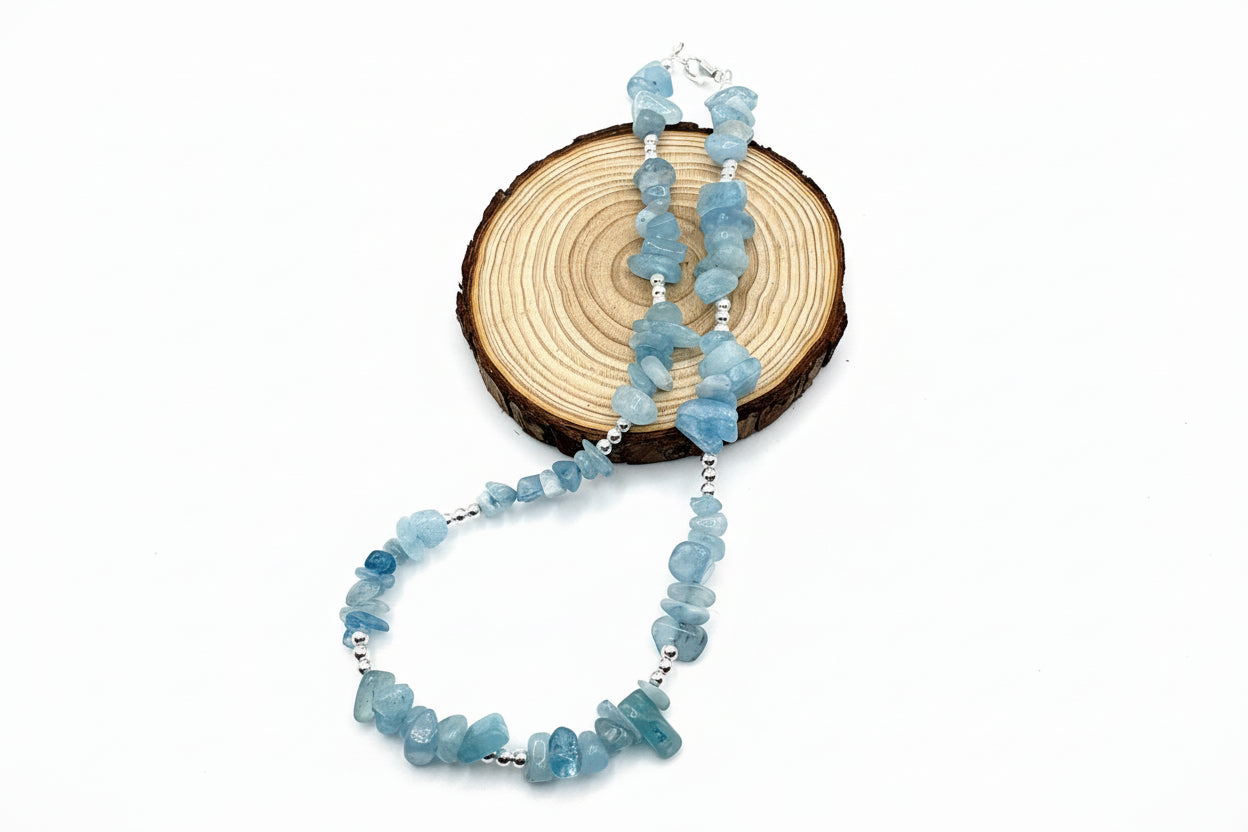 Aquamarine Chip Crystal Choker - 925 Sterling Silver Beads