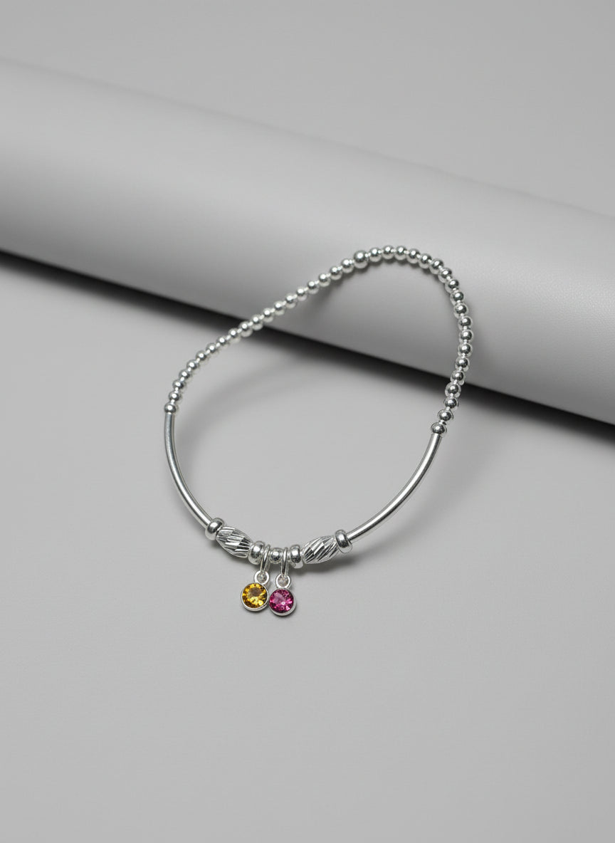 Round Swarovski Crystal Birthstone Charm 925 Sterling Silver Bar Beaded Bracelet