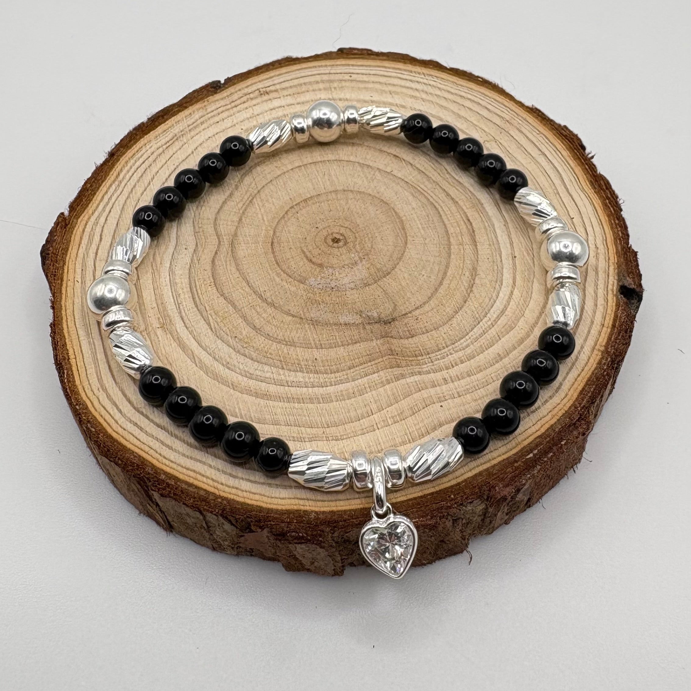 Onyx Bracelet with Swarovski® Heart Charm - 925 Sterling Silver