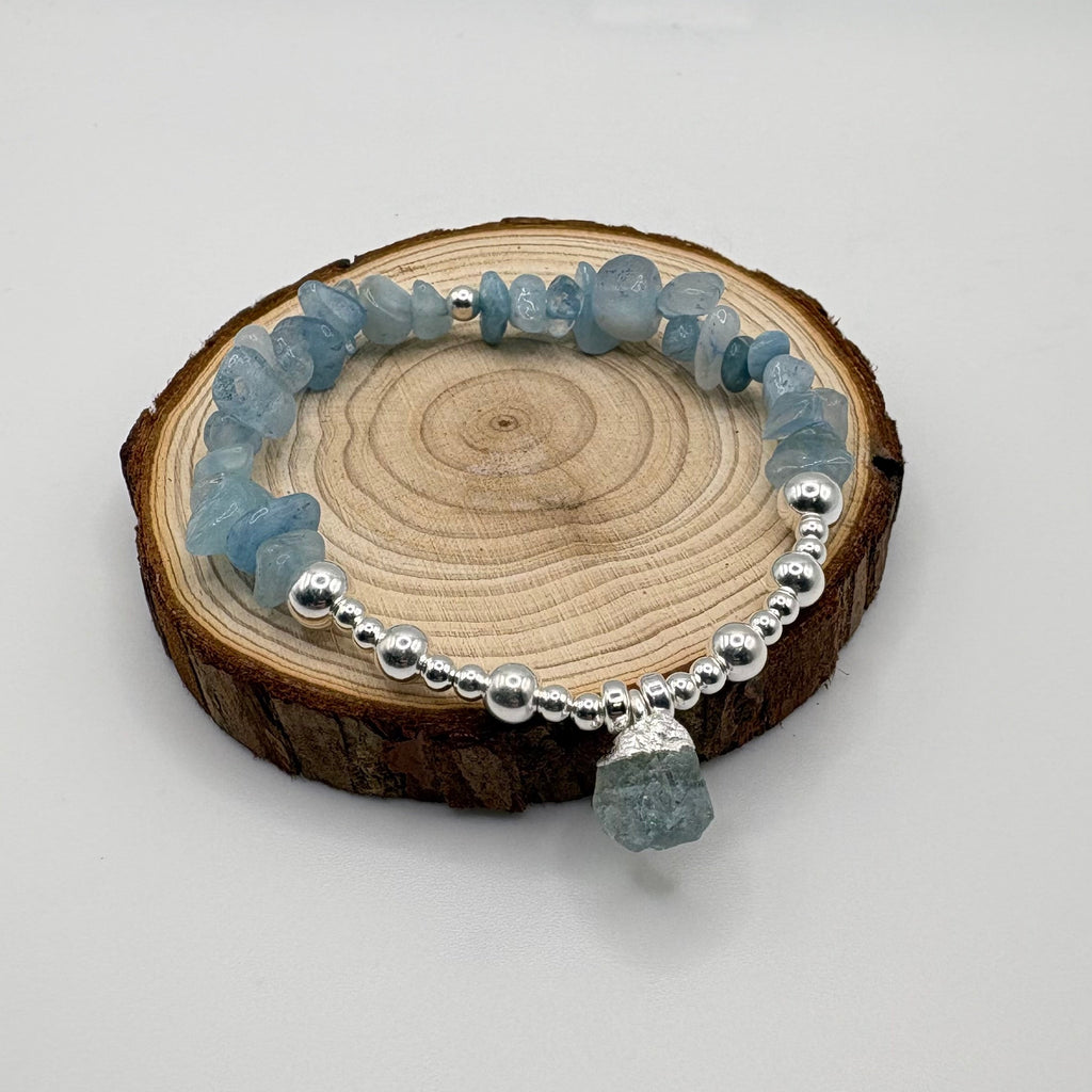 Aquamarine Chip Crystal Bracelet with Raw Aquamarine Crystal Charm - 925 Sterling Silver