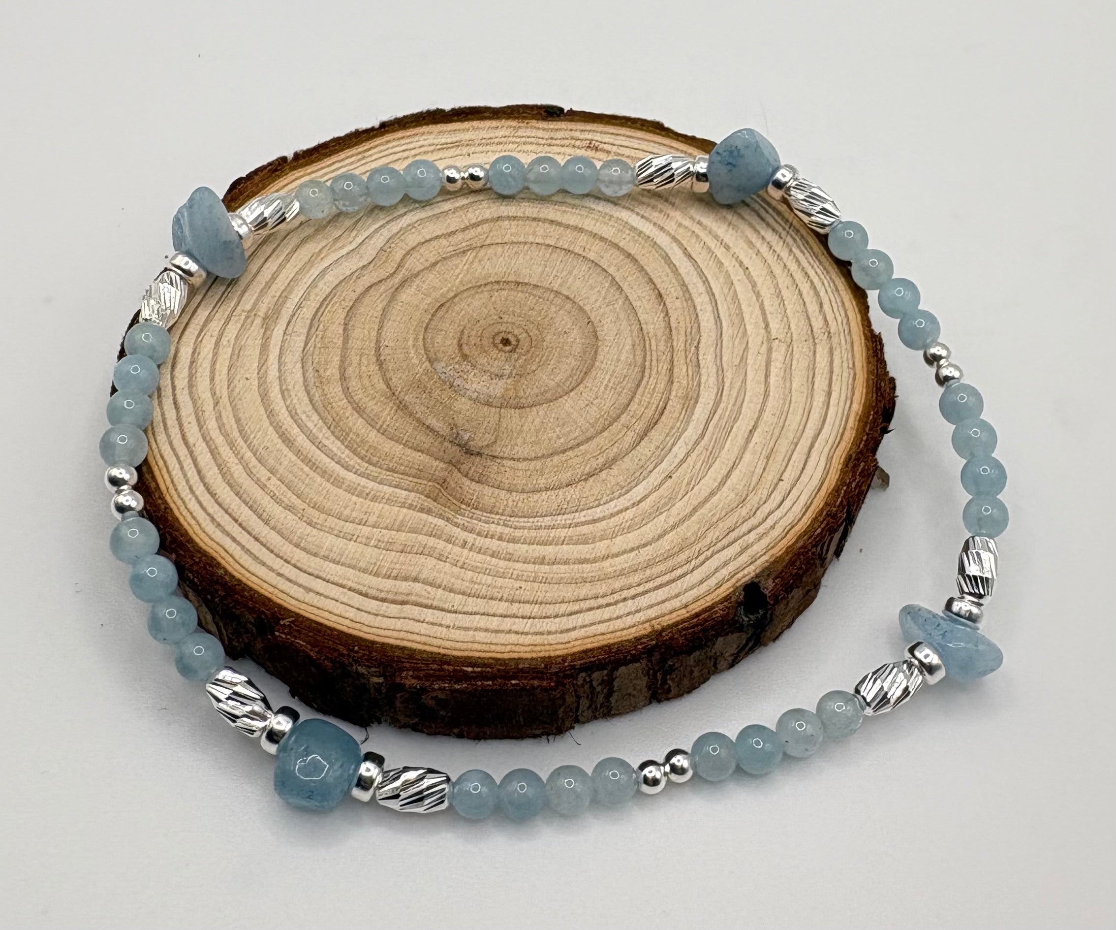 Aquamarine Crystal Anklet – Raw & Round Beads with 925 Sterling Silver