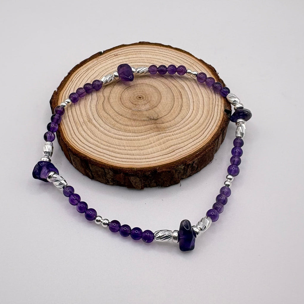 Amethyst Crystal Anklet – Raw & Round Beads with 925 Sterling Silver