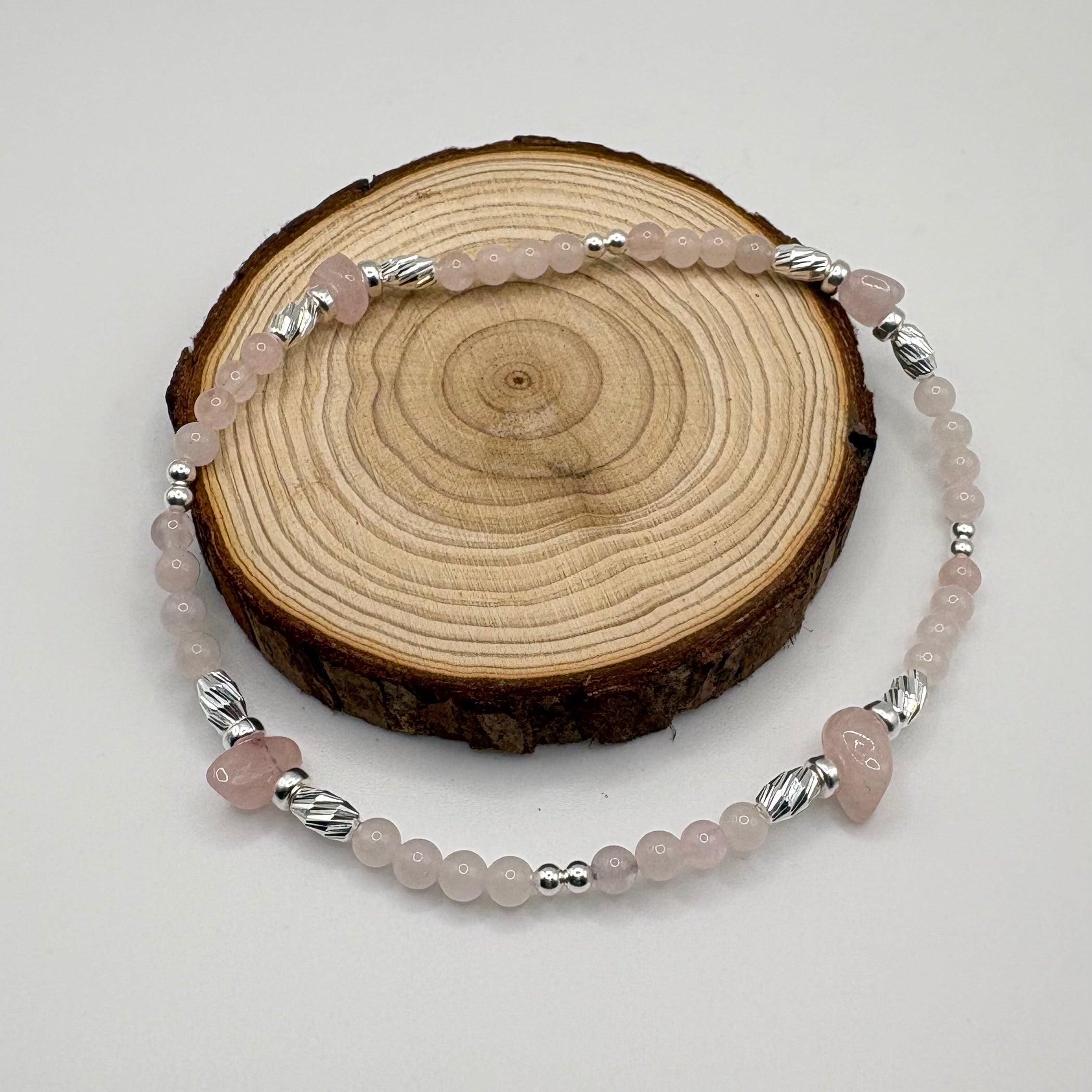 Rose Quartz Crystal Anklet – Raw & Round Beads with 925 Sterling Silver