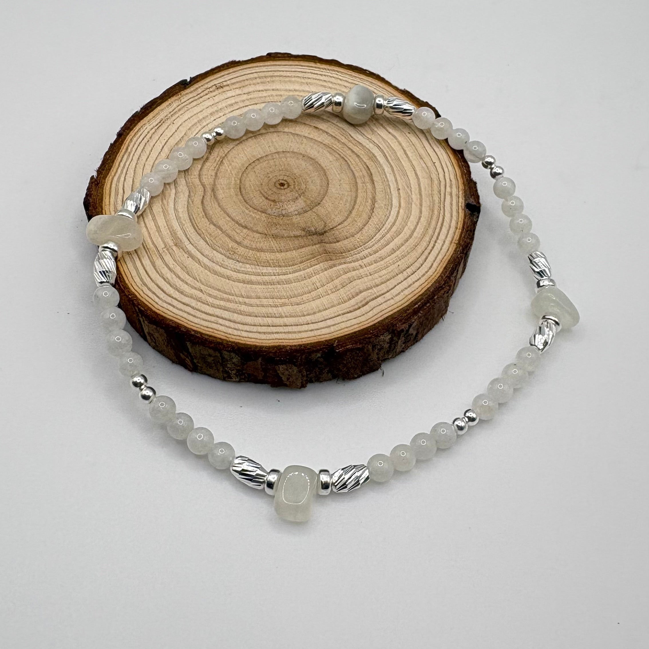 Moonstone Crystal Anklet – Raw & Round Beads with 925 Sterling