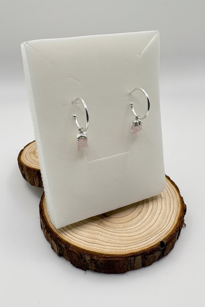 Mini Raw Rose Quartz Crystal Hoop Earrings – Sterling Silver 925