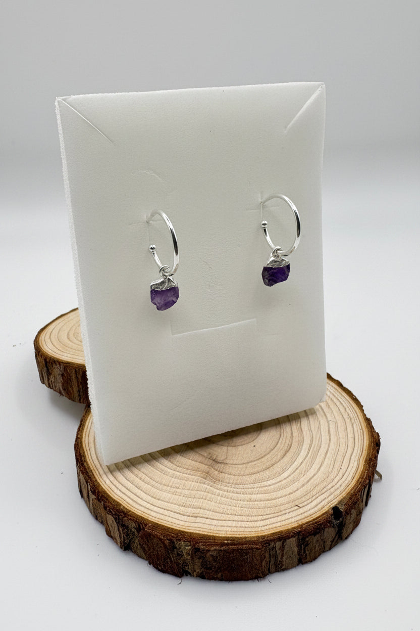 Mini Raw Amethyst Crystal Hoop Earrings – Sterling Silver 925
