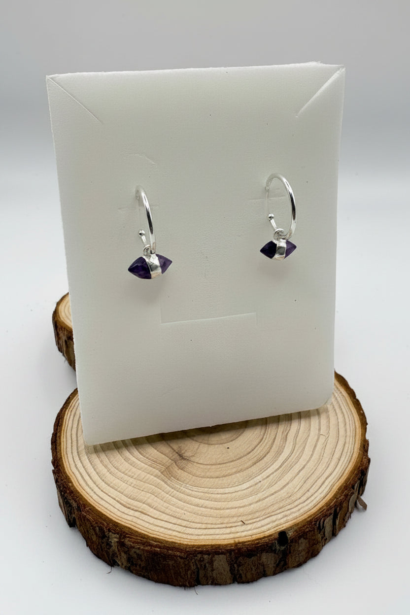 Double Point Amethyst Sterling Silver Hoop Earrings