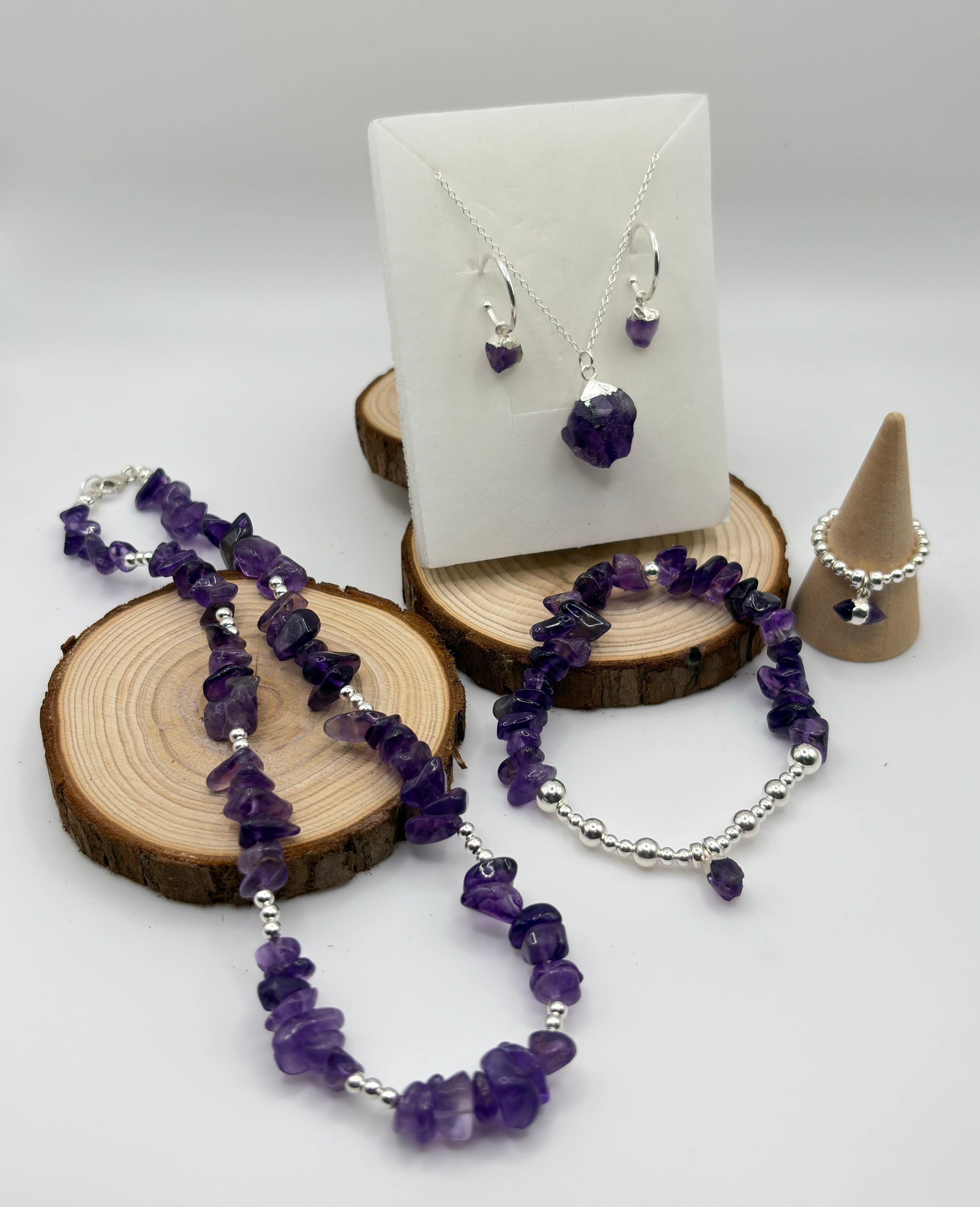 Amethyst Chip Crystal Bracelet with Raw Amethyst Crystal Charm - 925 Sterling Silver