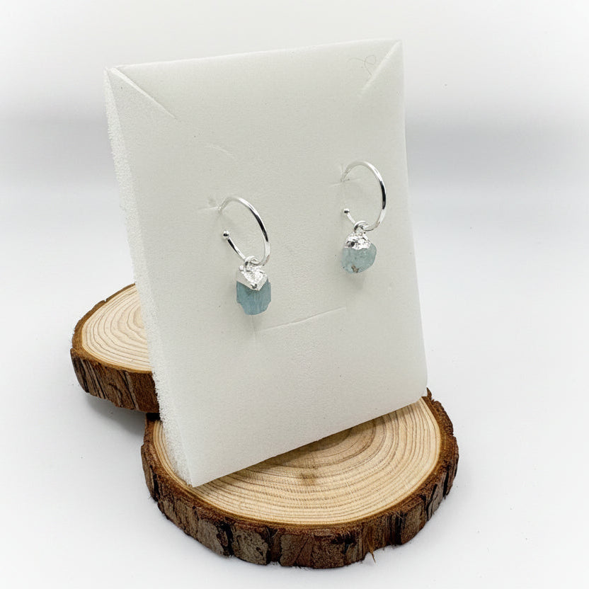 Mini Raw Aquamarine Crystal Hoop Earrings in Sterling Silver 925