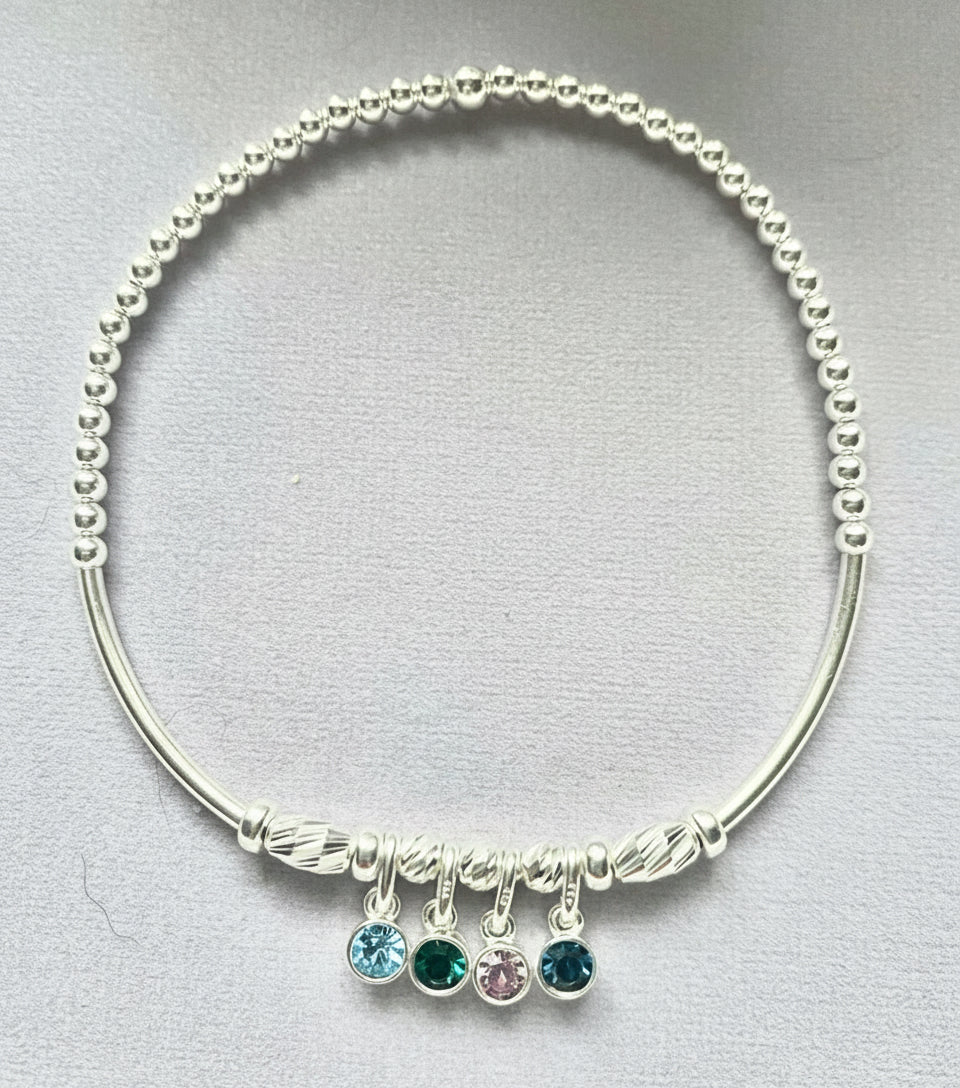 Round Swarovski Crystal Birthstone Charm 925 Sterling Silver Bar Beaded Bracelet